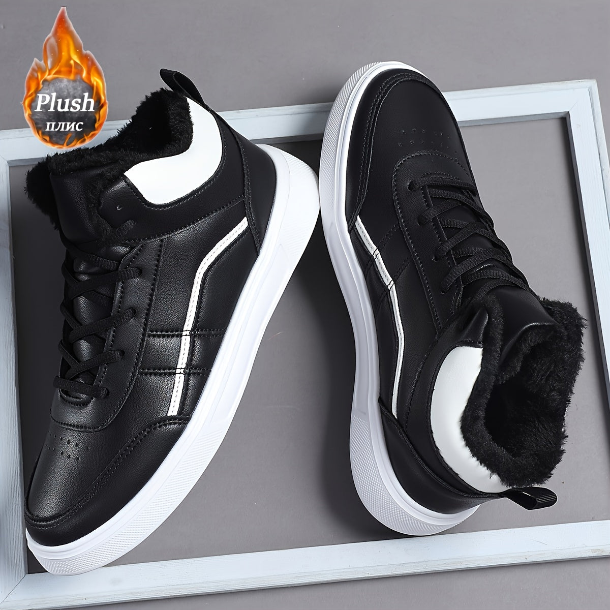 Men'S High-Top Winter Running Shoes - Lightweight Warm Fleece-Lined Sneakers with Synthetic Synthetic Upper, EVA Sole & Breathable Fabric Lining for Cold Weather, Retro Casual Sneakers for Jogging, Gym, Casual Attire - Black/
