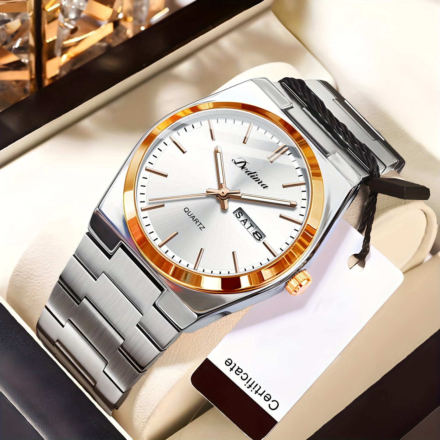 Elegant Men's Quartz Watch with Stainless Steel Band, Rivet Detail, and Dual Calendar - Non-Rechargeable Button Battery Included, DEDIMA