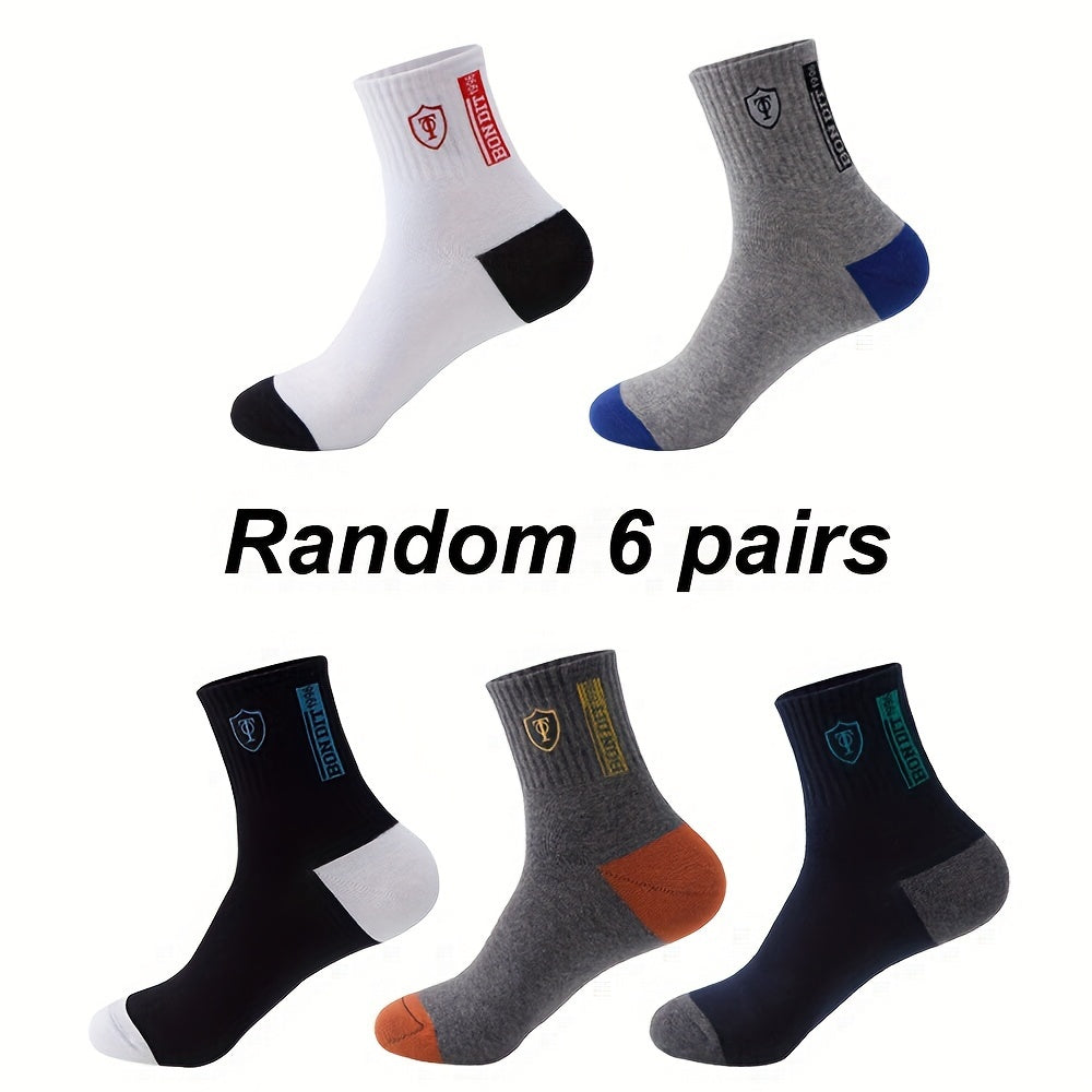 6 Pairs Men'S Cotton Sports Socks, Embroidered Sweat-Wicking Knit Fabric, Machine Washable, Mixed Color, Uncharged - No Box Included