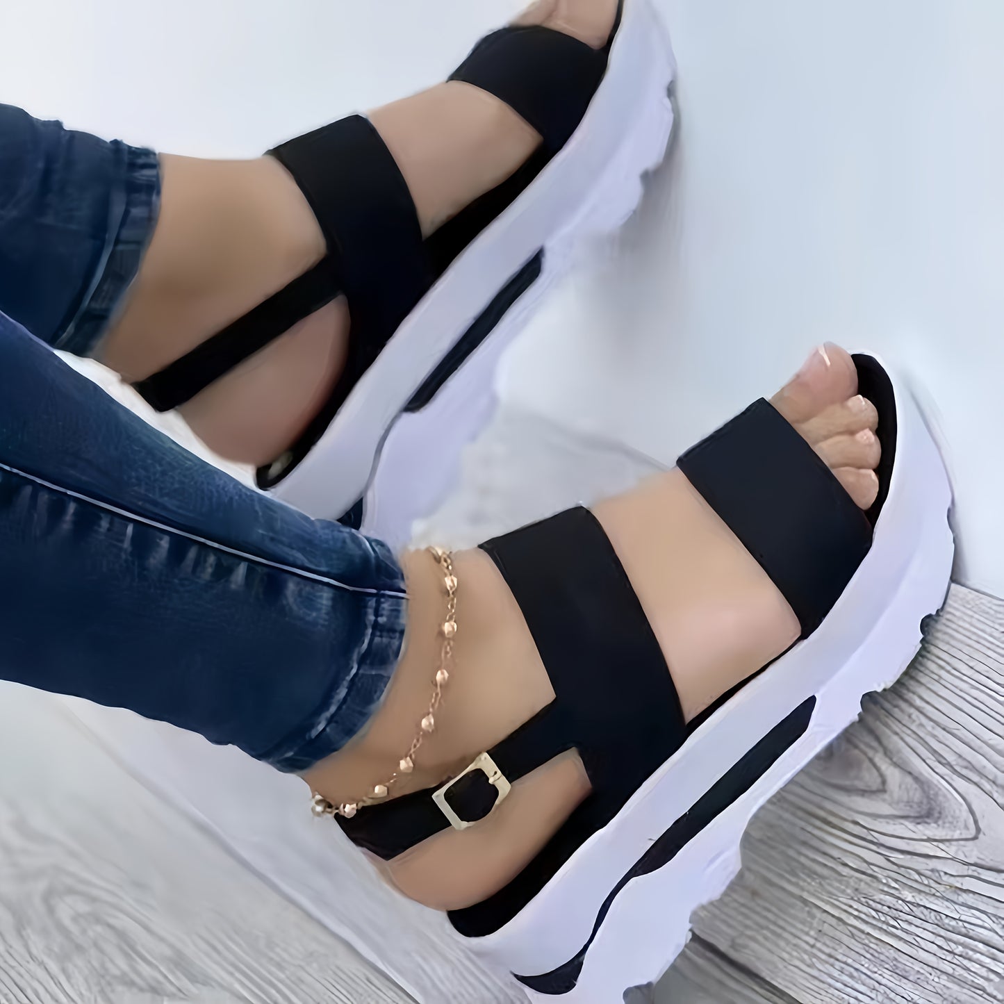 Women's Summer Plain Color Wedge Sandals, Casual Open-Toe Simple Thick Sole Beach Shoes with Comfortable Ankle Strap Wedges
