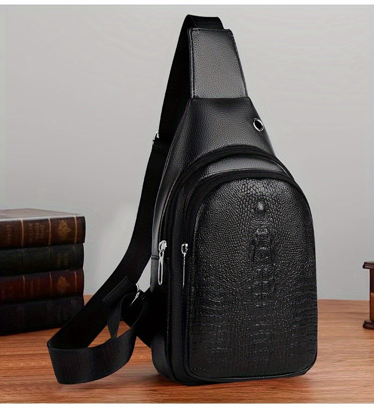 Men's Stylish Black PU Leather Sling Bag - Large Capacity Lightweight Crossbody Chest Pack with Embossed Design & External Earphone Hole for Casual Outings, Crossbody Bag