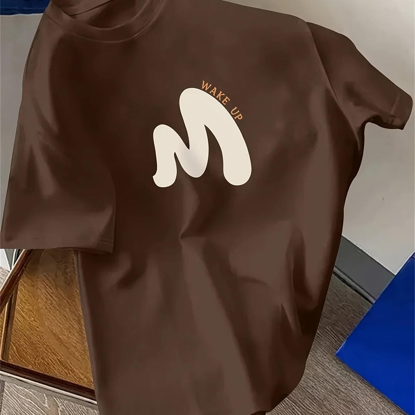 "WAKE UP" Graphic Tee - Comfortable Casual Brown Short Sleeve Crewneck T-Shirt with White Print, Summer Wear