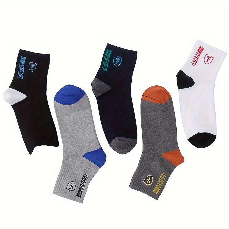 6 Pairs Men'S Cotton Sports Socks, Embroidered Sweat-Wicking Knit Fabric, Machine Washable, Mixed Color, Uncharged - No Box Included