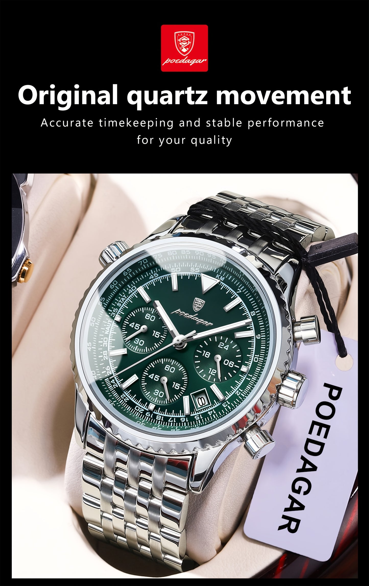 POEDAGAR Men's Luxury Stainless Steel Watch, Chronograph, Calendar, Date Display, Green Dial with Black Bezel & Roman Numerals, Quartz Movement, Casual to Business Style, Suitable for Women
