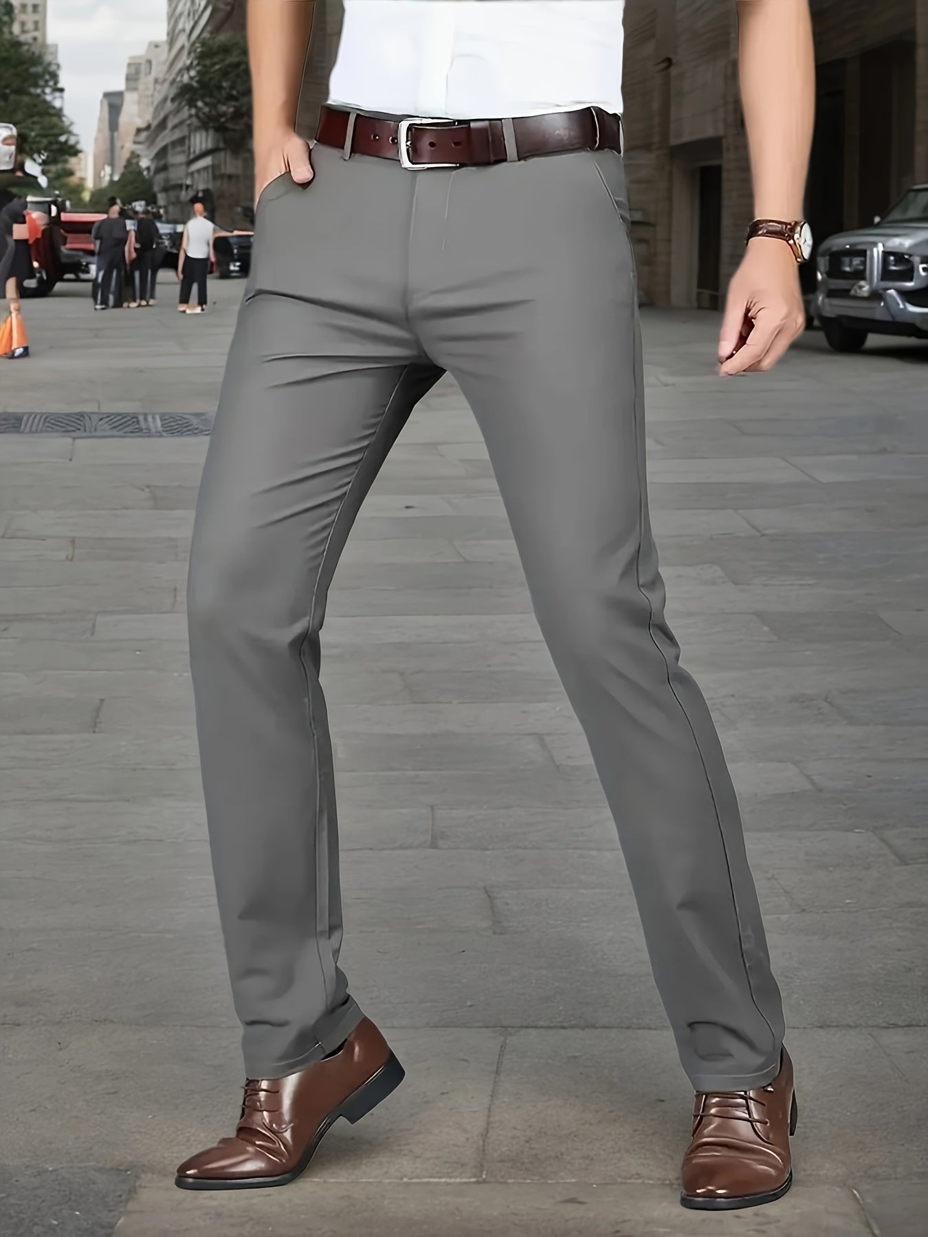 Men's Sleek Stretch Dress Pants - Solid Color Black, Comfort Fit with Subtle Stretch, Polyester Fabric, Mid-Rise, Machine Washable, Perfect for Business Casual & All-Season Wear, Business Casual Pants | Sleek Trousers | Easyc