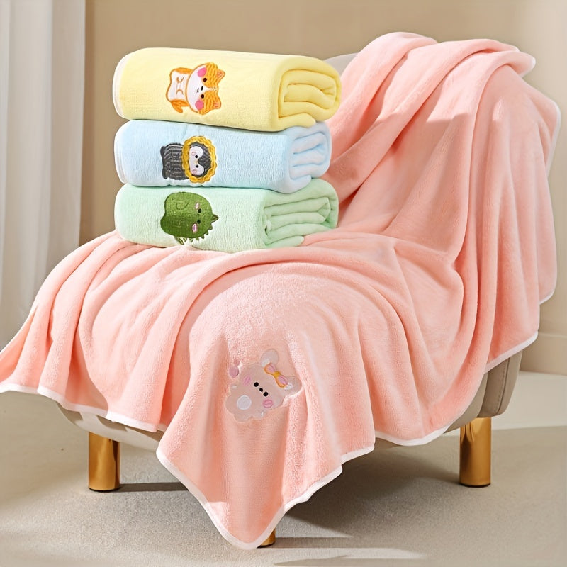 Bindi Monkey Ultra-Soft Coral Fleece Youngsters Towel - Quick-Dry, Absorbent & Cozy Cartoon Embroidered Bath Towel for Boys & Girls - Pink/Green/Blue/Yellow Options