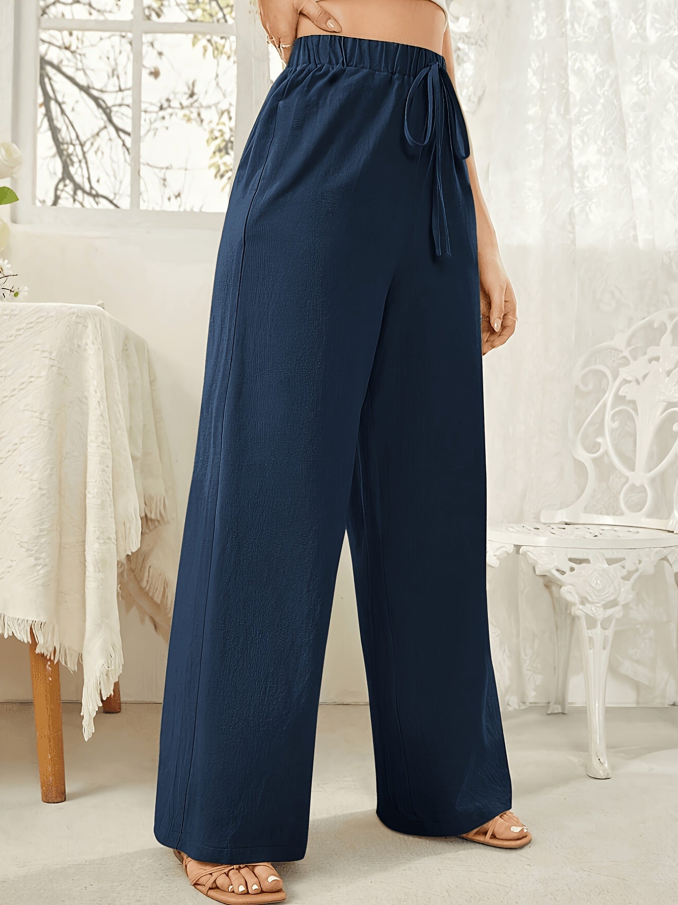 Women’s High-Waist Straight Polyester Trousers with Fake Drawstring