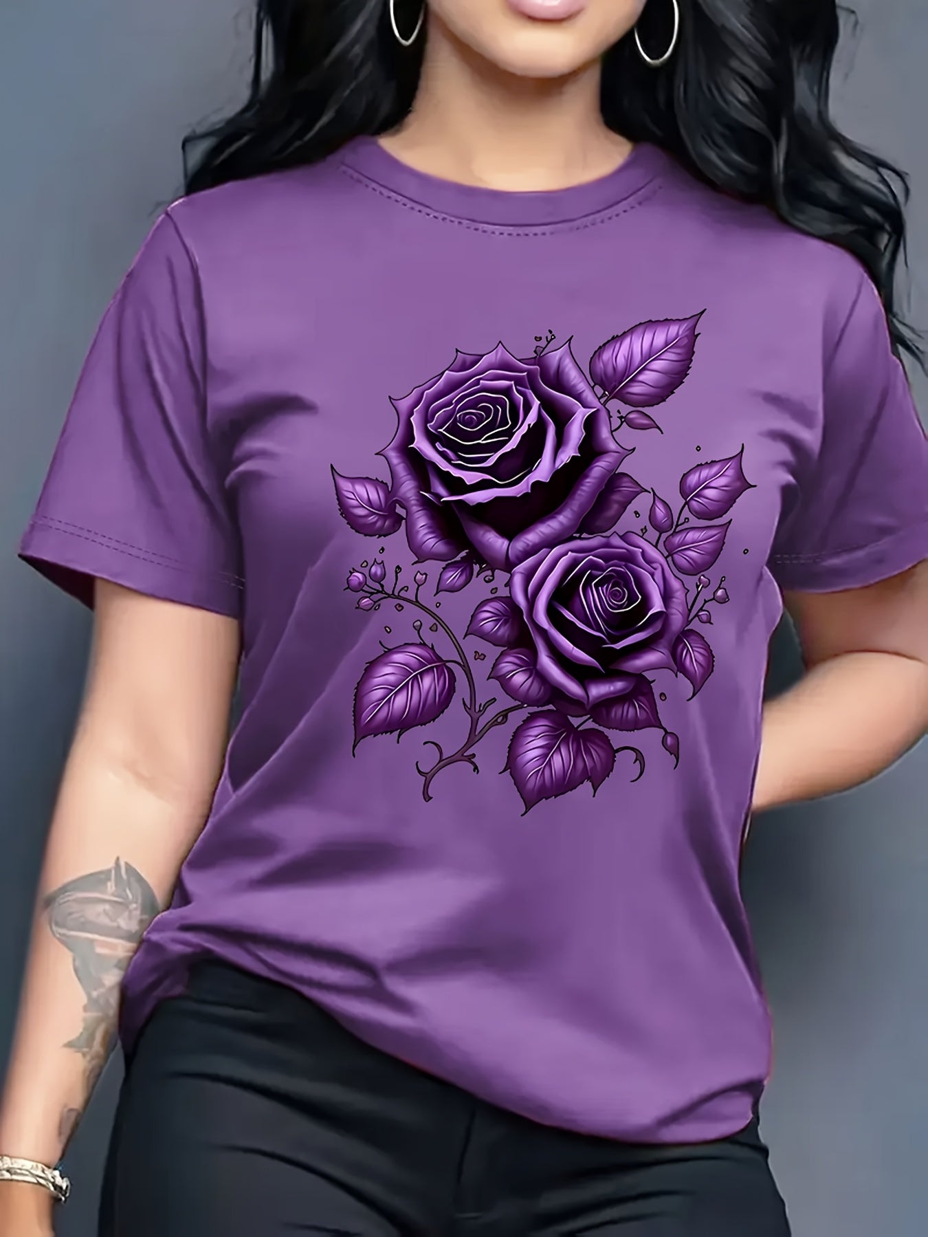 Women's Light Blue Yellow Rose Print T-Shirt - Short Sleeve Crew Neck Casual Top with Medium Stretch, Machine Washable & Breathable Fabric for All-Season Comfort, Relaxed Style, Graphic Tee, Stretchy Material, Printed Shirt,