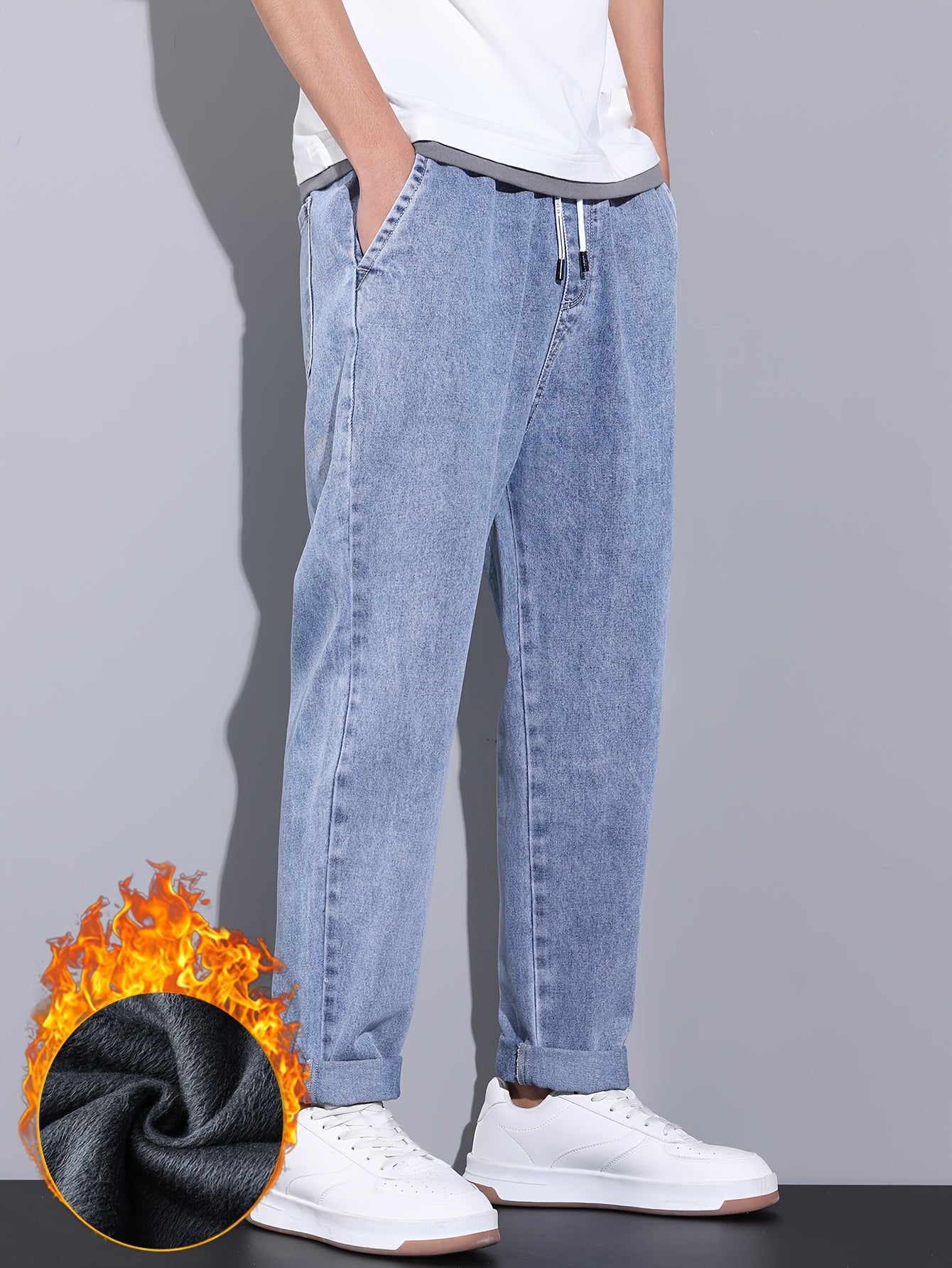Men's Winter Fleece-Lined Jeans - Casual Straight Leg with Elastic Drawstring Waist, Warm & Stylish Streetwear Denim Pants