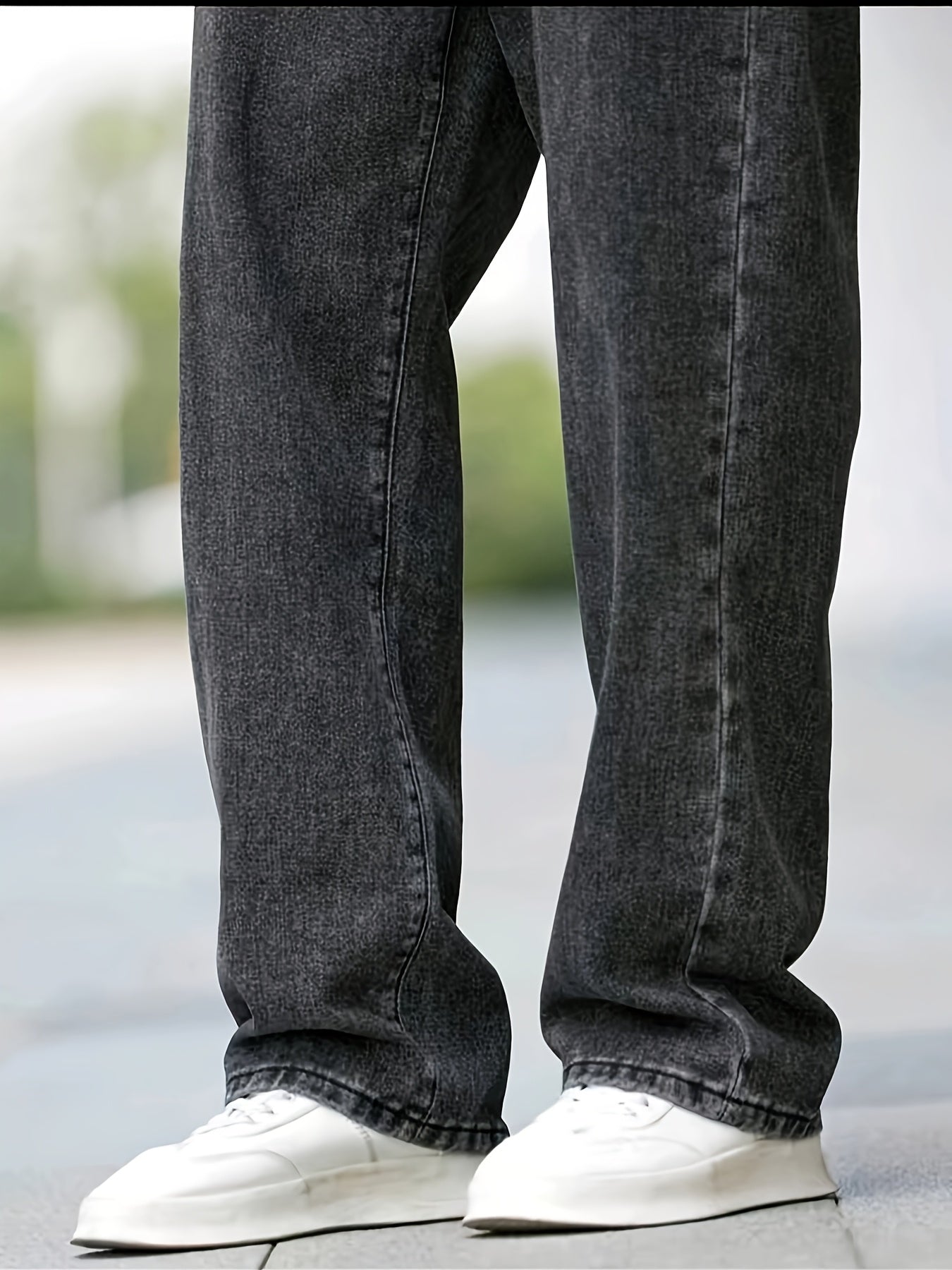 1pc Men'S Mid-Waist Loose Fit Denim Jeans - Street Style Solid Color Cotton Blend Pants with Flakes Detail, Zipper Fly, Belt Loops, All-Season Comfort for Weekend Casual Wear