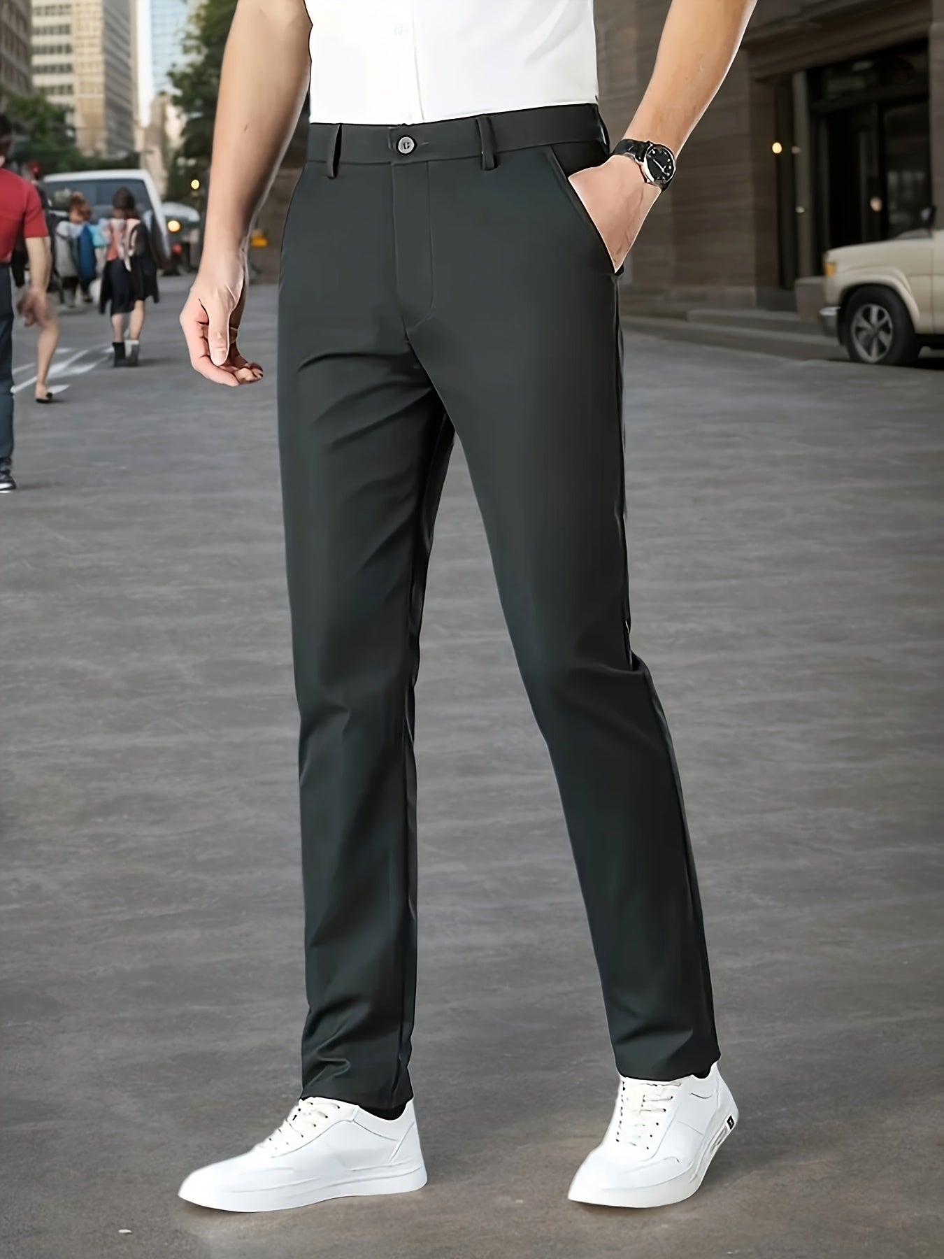Men's Sleek Stretch Dress Pants - Solid Color Black, Comfort Fit with Subtle Stretch, Polyester Fabric, Mid-Rise, Machine Washable, Perfect for Business Casual & All-Season Wear, Business Casual Pants | Sleek Trousers | Easyc