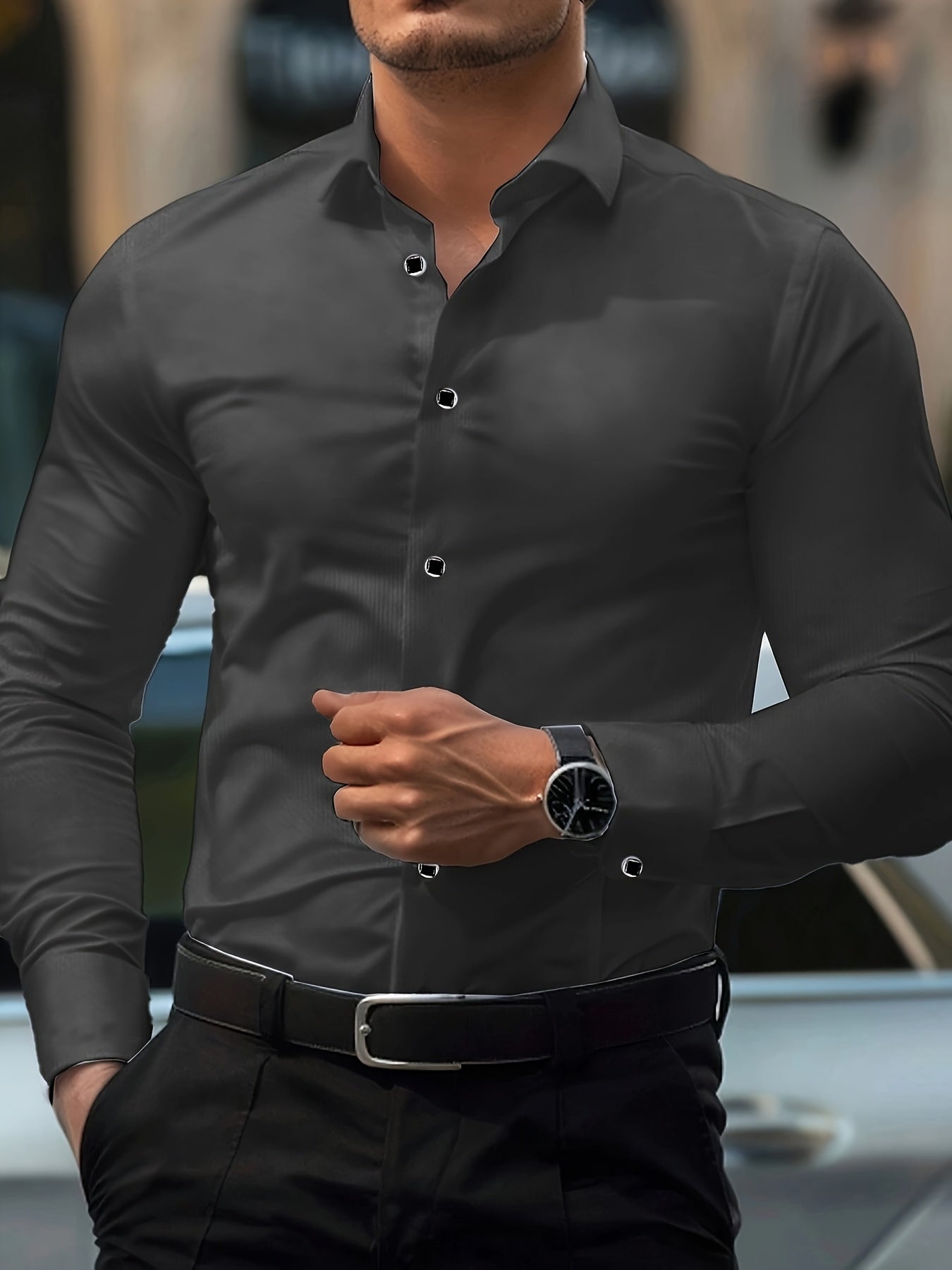 Men'S Elegant Black Long Sleeve Dress Shirt with Geometric Pattern - Polyester, Slim Fit, Button-Up, All-Season Wear, Stylish Lapel Collar, Perfect for Formal and Casual Events, Formal Attire|Slim Fit Shirt|Reflective Details