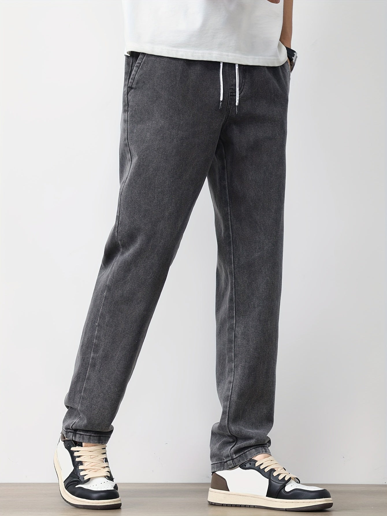 Men's Solid Washed Denim Trousers With Pockets, Causal Drawstring Cotton Blend Barrel Jeans For Outdoor Activities