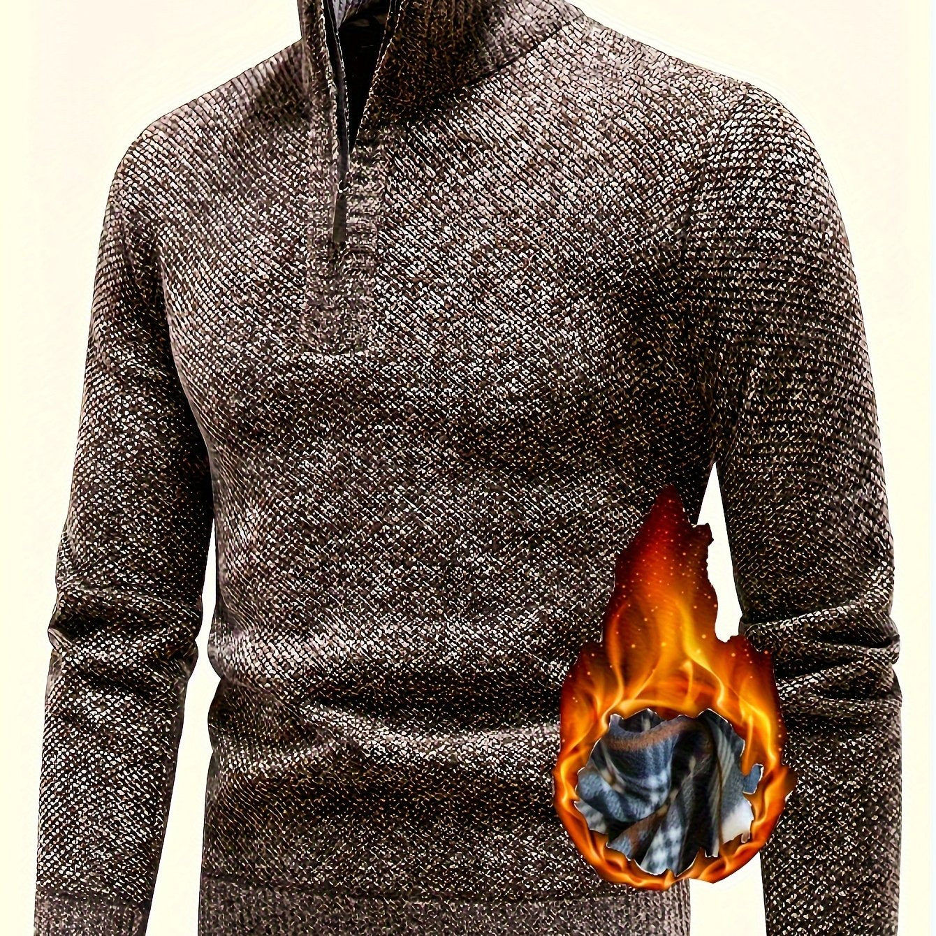 Men's Fleece-Lined Warm Knit Sweater - Autumn/Winter, Solid Color with Stand Collar & Short Zipper Placket, Long Sleeve, Polyester - Ideal for Hiking, Cycling & Casual Attire, Winter Sweater