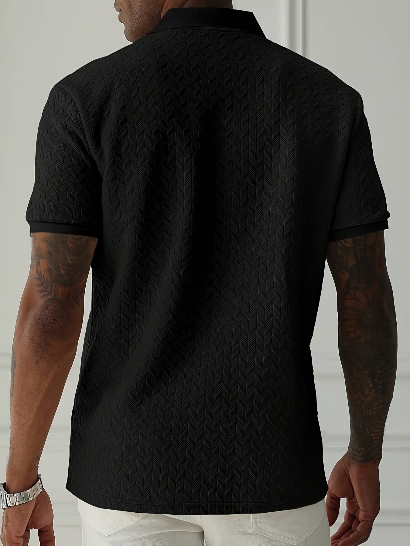 Men'S Casual Black Short Sleeve Polo Shirt with Textured Diamond Pattern - Polyester, Button-Up, Regular Fit for Summer, Casual Attire|Textured Pattern Shirt|Polyester Fabric