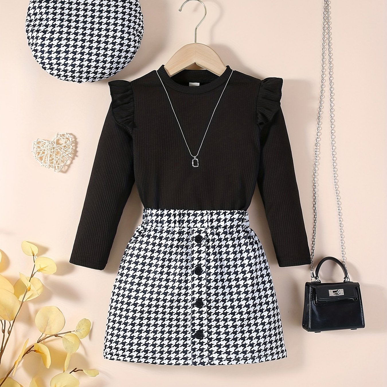 Youngsters Girls Ruffle Tee & Houndstooth պրինտ կիսաշրջազգեստ և գլխարկ