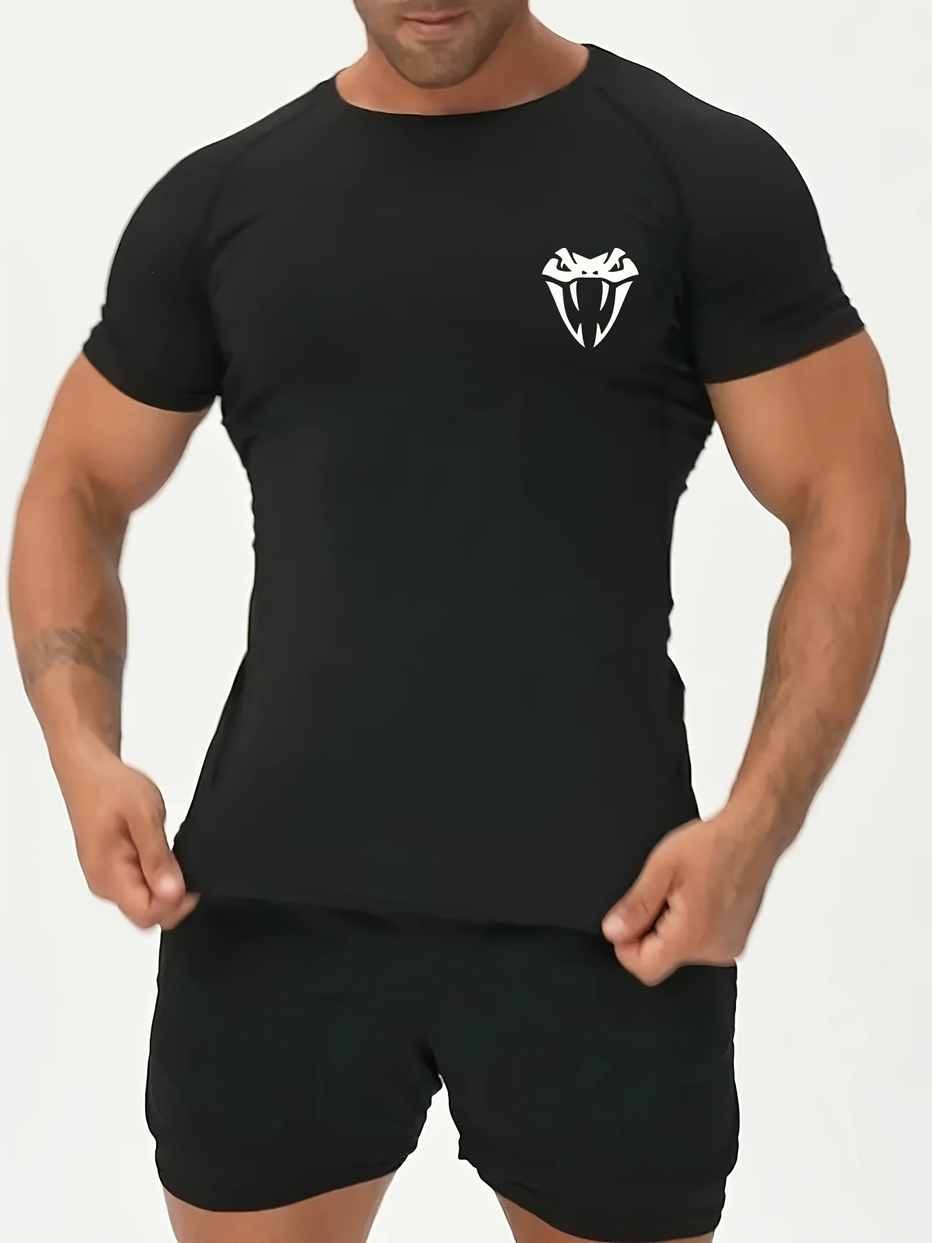 Men'S Quick-Dry Athletic Compression T-Shirt with Serpent Head Logo - Short Sleeve, High Stretch, Breathable Fabric for Running Workout, Blue