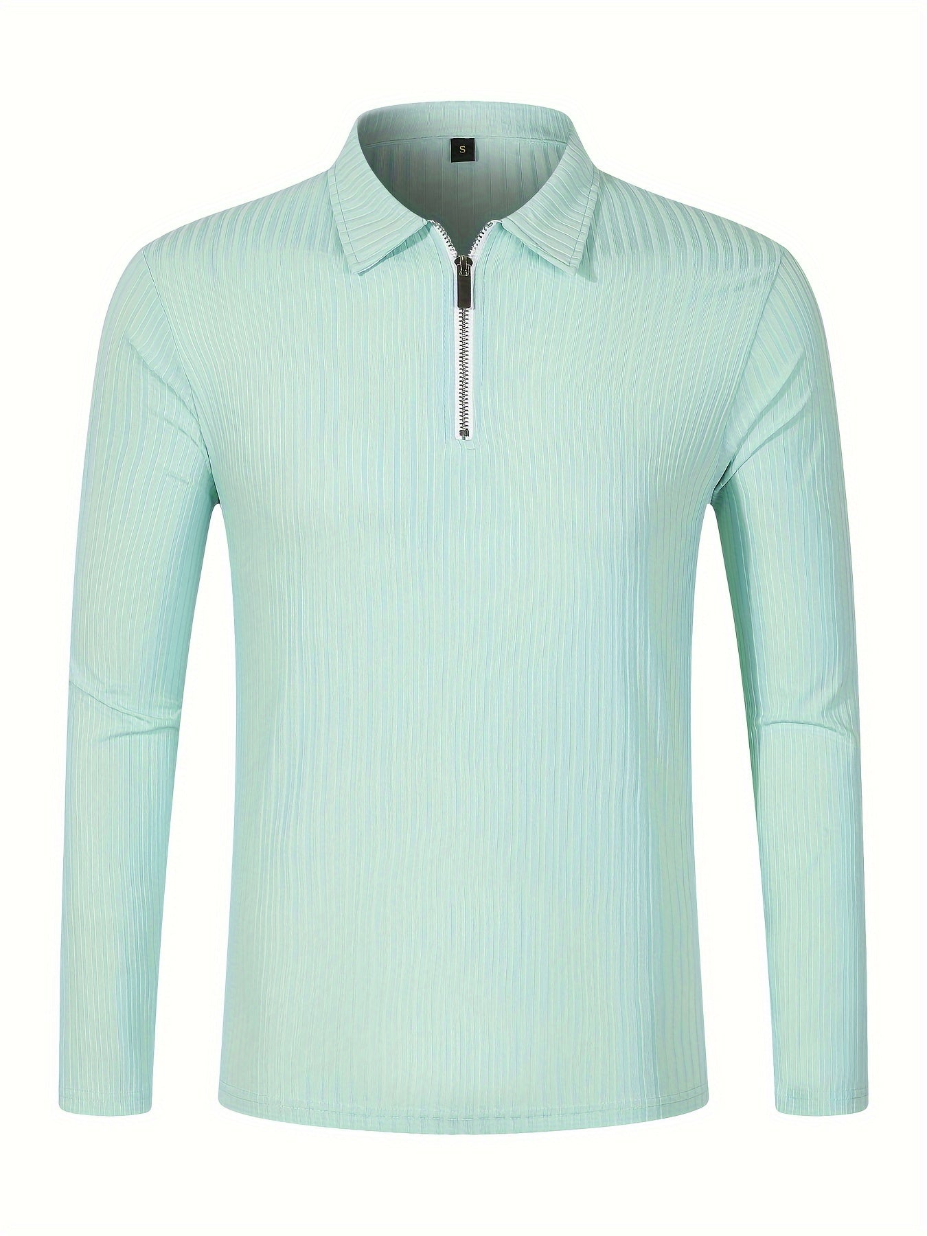 Men's Casual Sports Ribbed Long Sleeve Zipper Lapel Golf Shirt, Spring And Fall