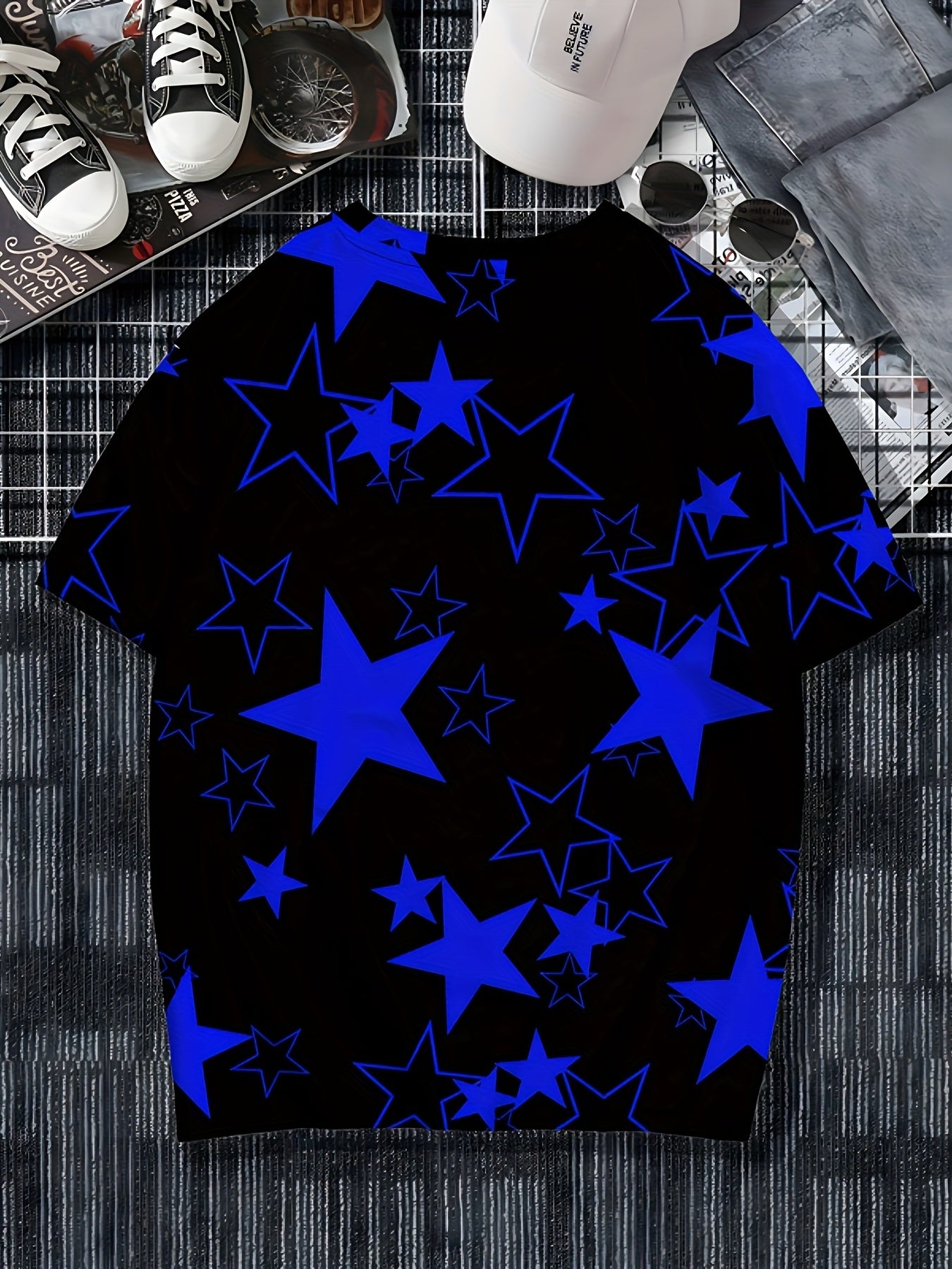 Men's Allover Color Blocking Stars Pattern Short Sleeve Crew Neck T-shirt For Summer, Casual Stylish Tee As Gift