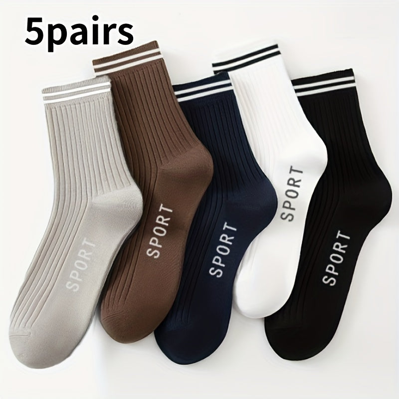 5/10 Pairs Men's Athletic Crew Socks, Striped Polyester Knit Fabric with 5% Spandex, Moisture-Wicking Casual Sports Tube Socks for Spring and Autumn