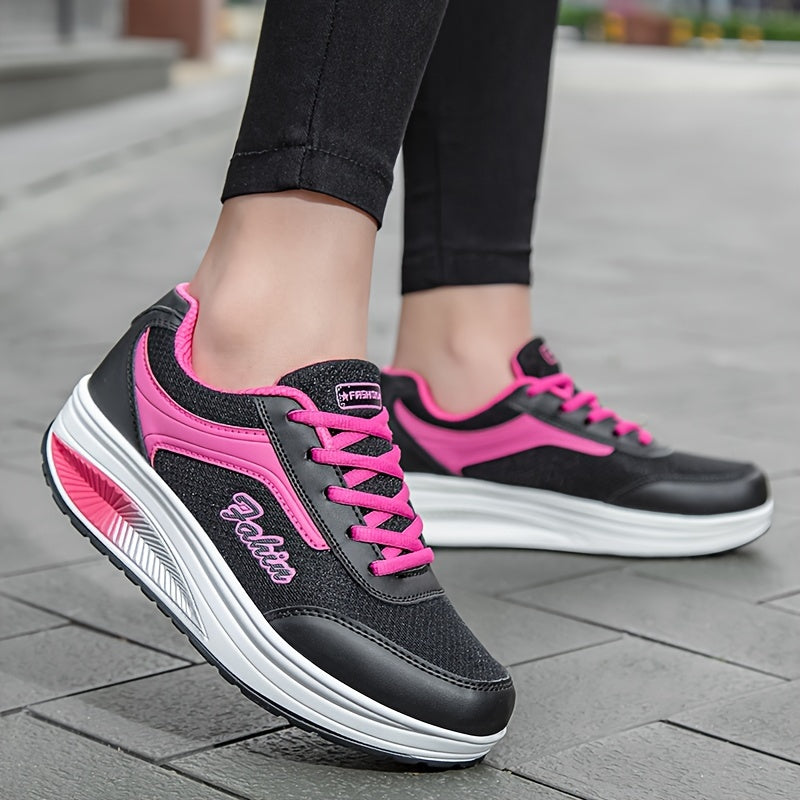 Women's Breathable Mesh Platform Sneakers, Casual Lace Up Outdoor Shoes, Comfortable Low Top Shoes Plus Size