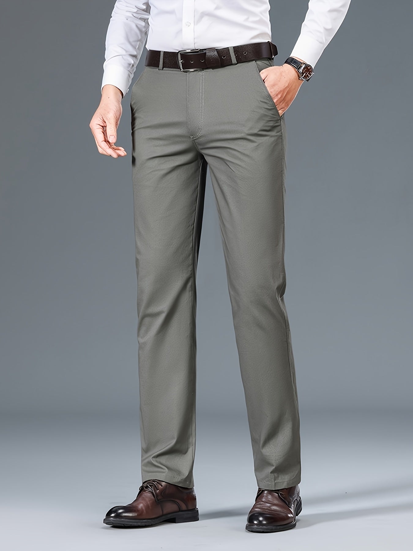 Men's Light Business Cotton Dress Pants - Straight Leg, Olive Green, 100% Cotton, Perfect for Office or Casual Outings