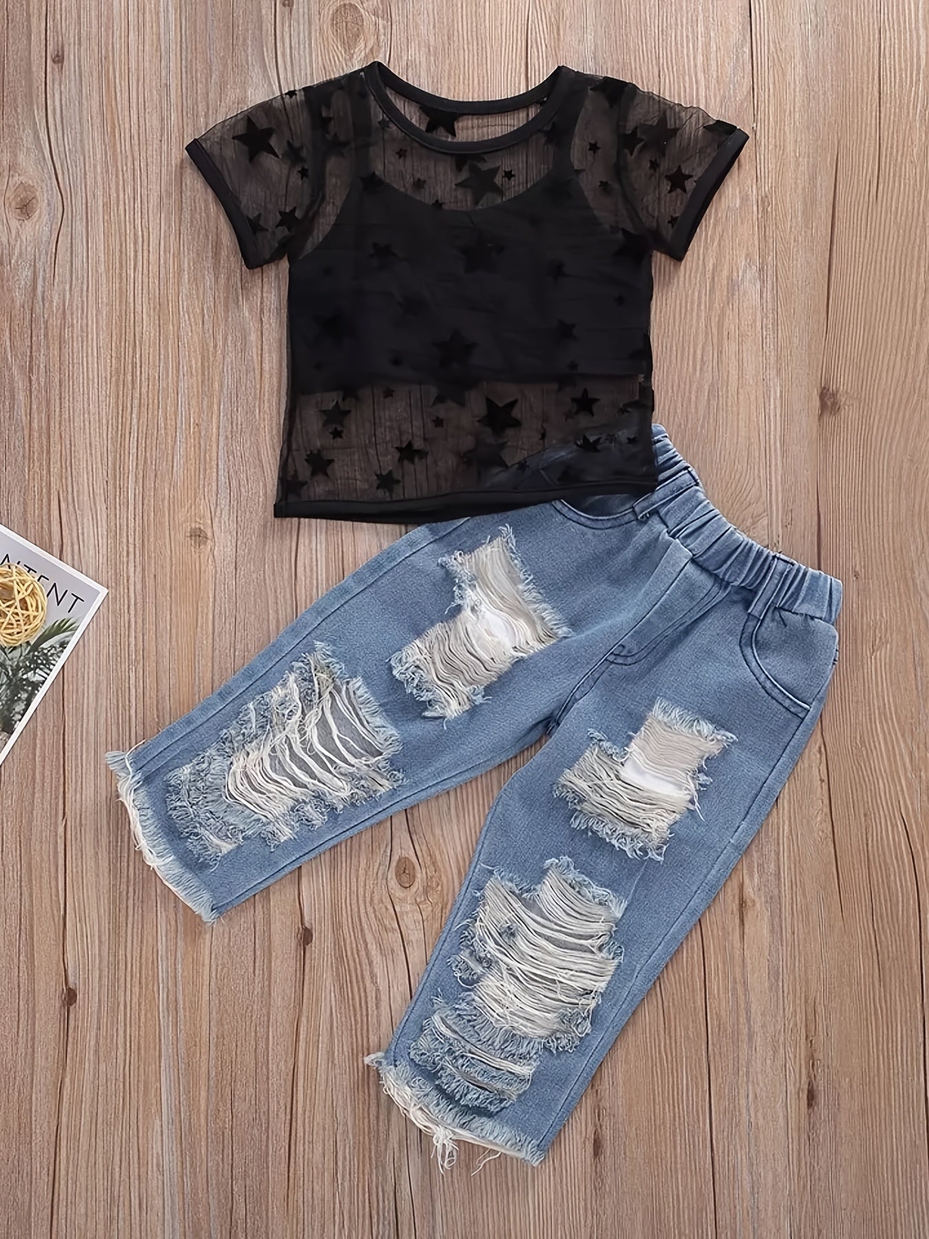Girls Casual Cami Cropped Top & Mesh Star Print T-shirt և ջինսե ջինսե հավաքածու ամառային բացօթյա համար