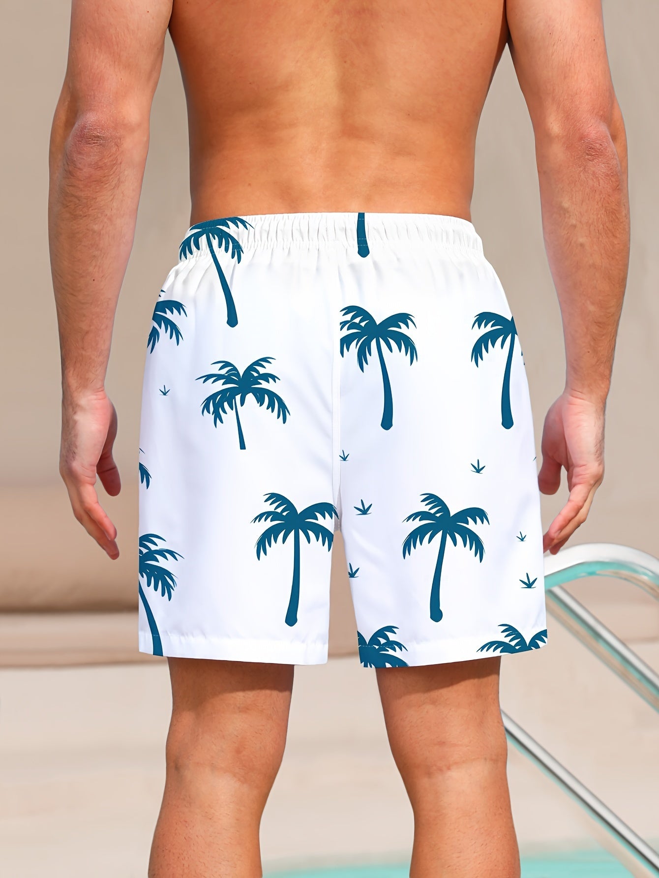Men's Quick-Dry Swim Trunks with Palm Tree Design - Casual, Breathable Polyester Beach Shorts with Pockets, Elastic Waistband & Drawstring for Summer, Pool, & Outdoor Activities