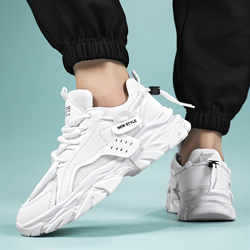 Men's Fashion Chunky Sneakers - Sports & Casual Streetwear Shoes, Solid Color, Non-Slip Lace-Up, Thick Sole, Low Top Fabric Sneakers for All Seasons, Running & Hiking, Universal Fit - Round Toe