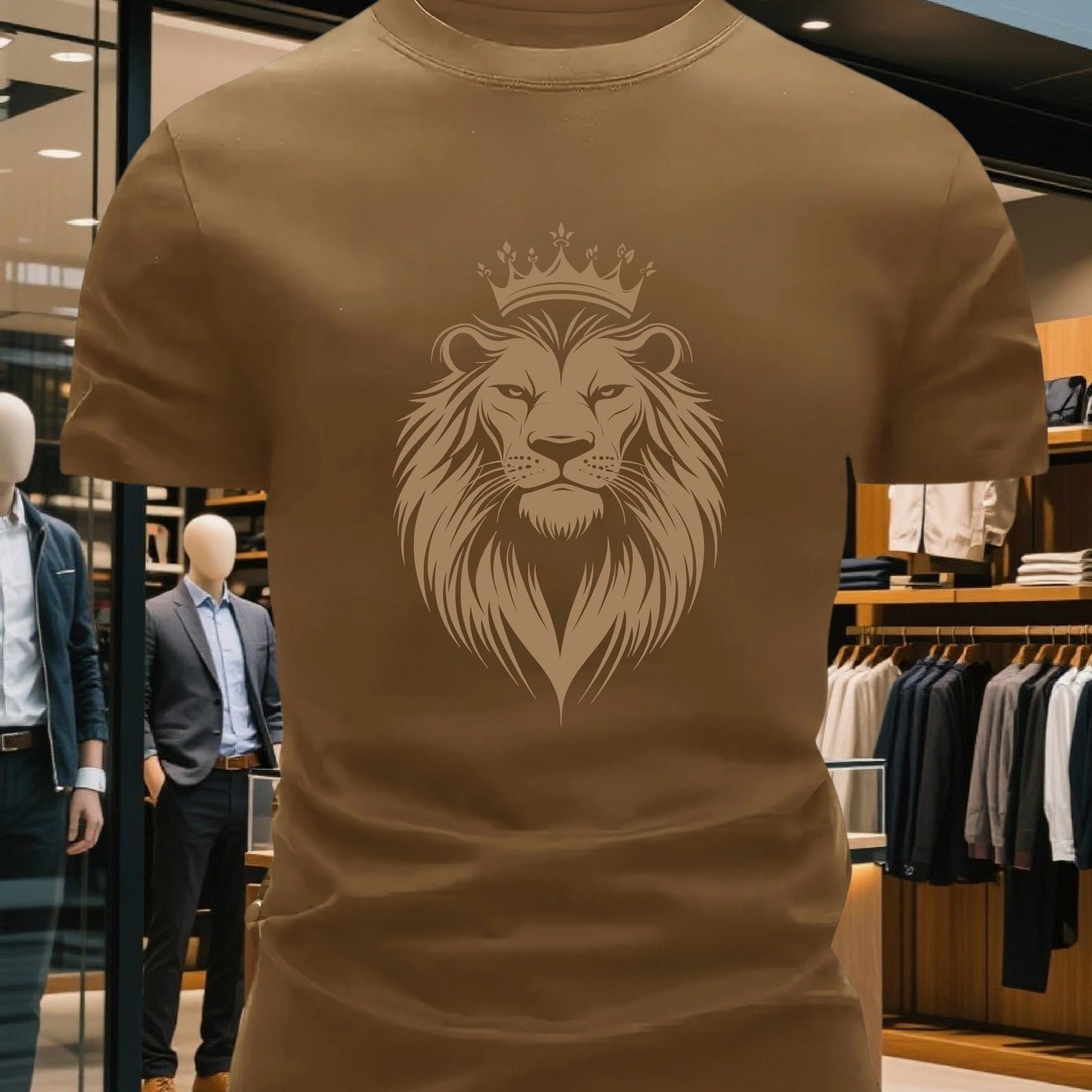 Men's 100% Cotton Crew Neck Short Sleeve T-Shirt with Regal Lion Crown Graphic Print - Navy Blue Casual Comfort Fit, Machine Washable All-Season Versatile Top, Cotton T Shirts, Leisure Clothing, Creative Print Shirt, Soft Tex