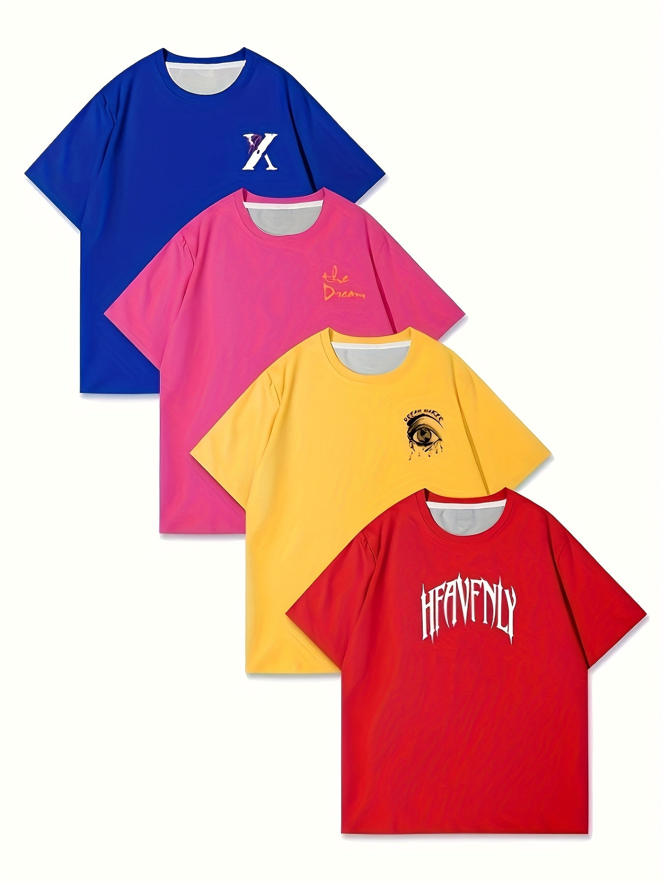 Set of 4 Men'S Graphic T-Shirts - Featuring Designs Like 'Heavenly', Casual Round Neck Short Sleeves Made of Lightweight Polyester, Perfect for Summer Outdoor Wear, a Great Gift for Family.