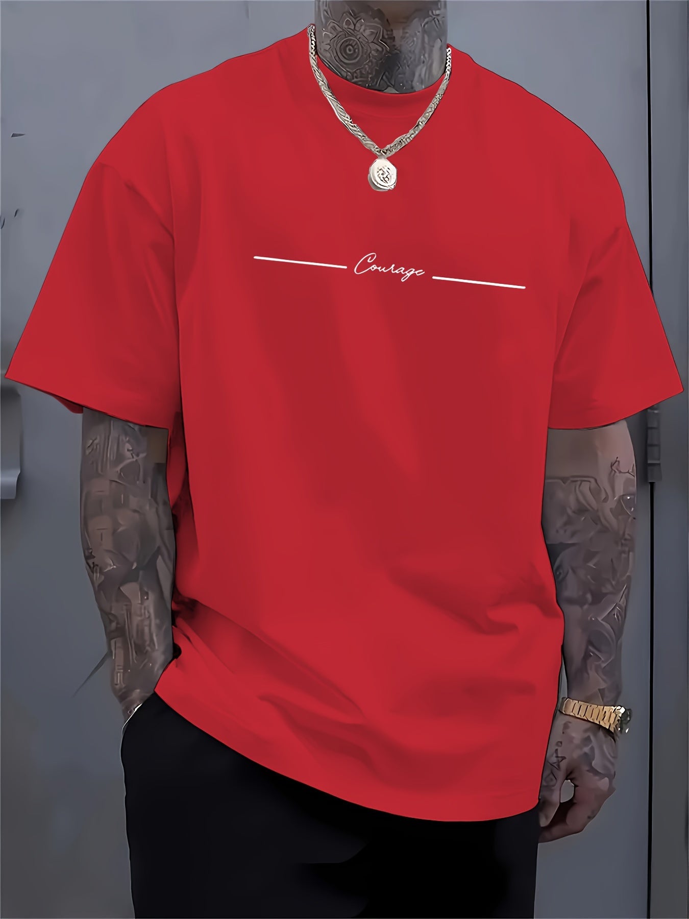 Men'S Casual Crew Neck T-Shirt with Trendy English Print, 95% Polyester 5% Elastane, Slight Stretch Knit Fabric, Regular Fit, Summer Wear - MBDMBD
