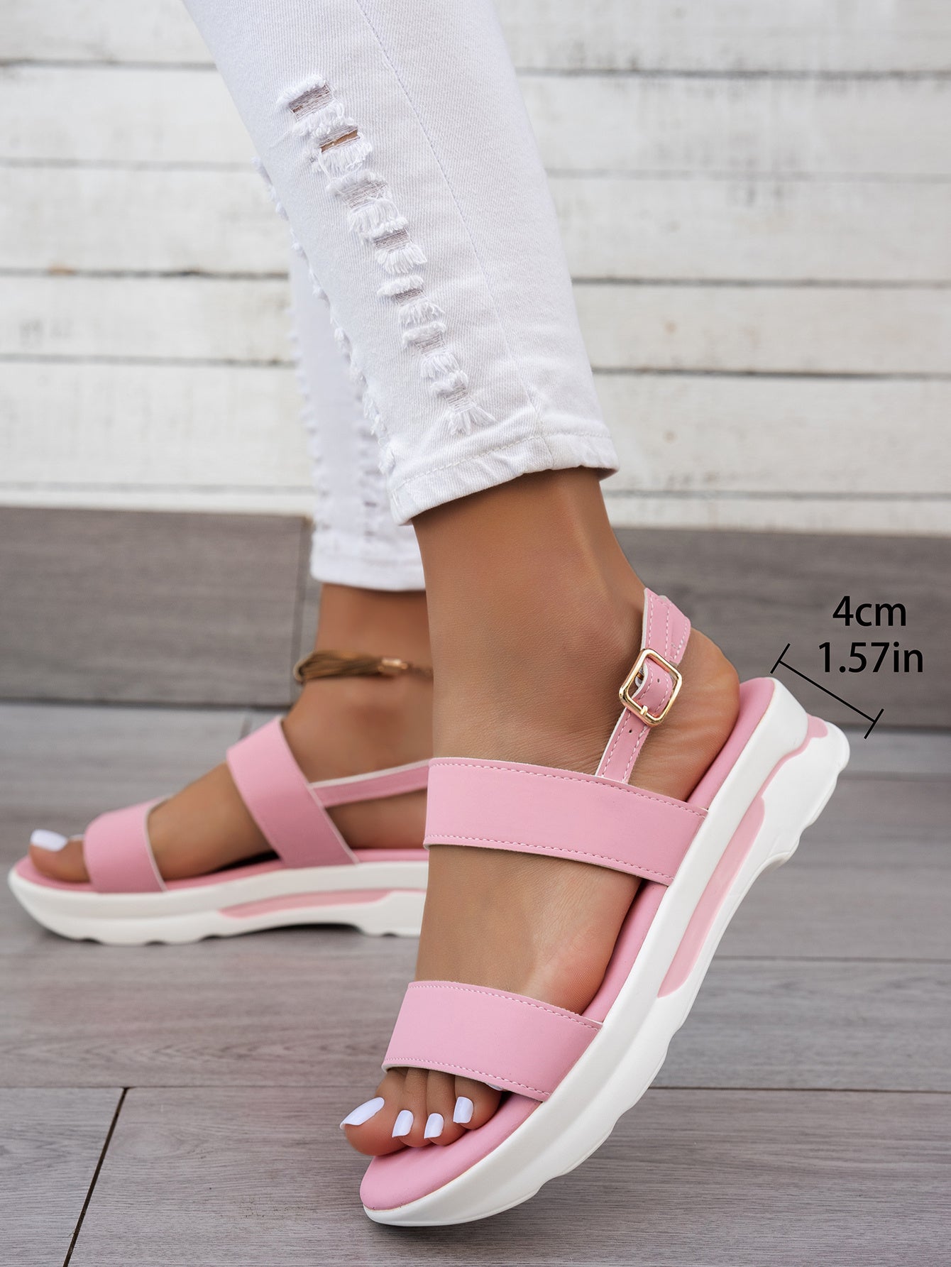 Mhysa Women's Comfortable Open-Toe Platform Sandals with Thick Sole & Golden Buckle Strap - Summer Casual White PU Cover Ankle Strap Sandals for Casual Attire, Ladies Sandals