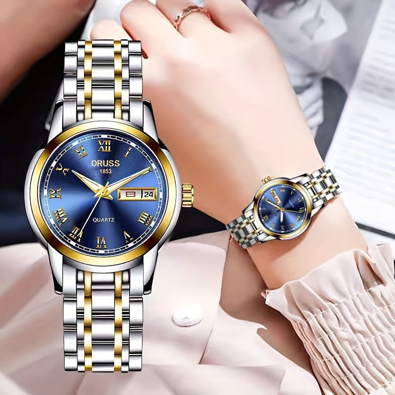 1pc Elegant Ladies' Quartz Wrist Watch, Luminous Dial, Classic Calendar, Roman Style, Stainless Steel Band, Alloy Case, Non, Non-Rechargeable Battery - Fashion Timepiece