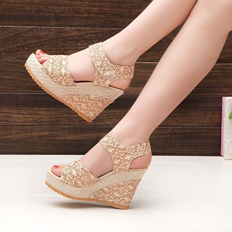 Women'S Elegant Lace Platform Sandals - Beige, Round Toe, High Heel, Hook Loop Closure, Synthetic Insole Upper, Rubber Sole, Perfect for Formal Events, Formal Footwear Laceup Sandals Platform Heel Sandals