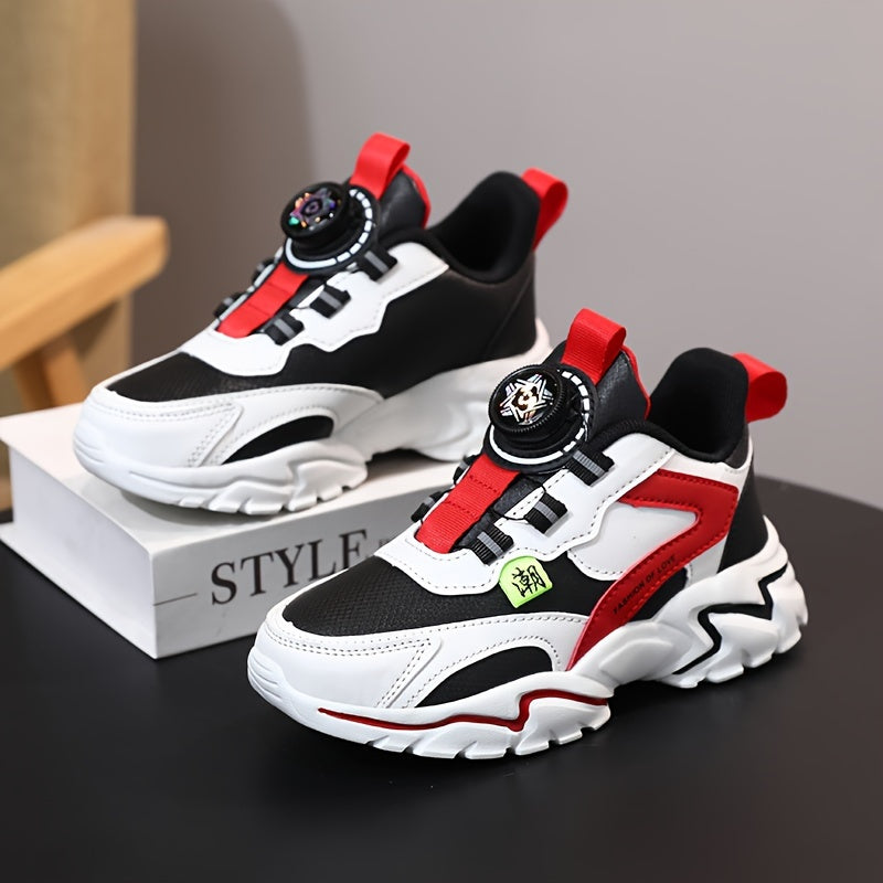 Boys' Fashion Sneakers with Striped Design - Casual Sports Running Shoes with Rotary Buckle Closure, Low Top PU Upper, Fabric Lining, EVA Sole, All-Season Comfort for Daily Wear - Tassel Detail, Round Toe for Ages 14 and Unde