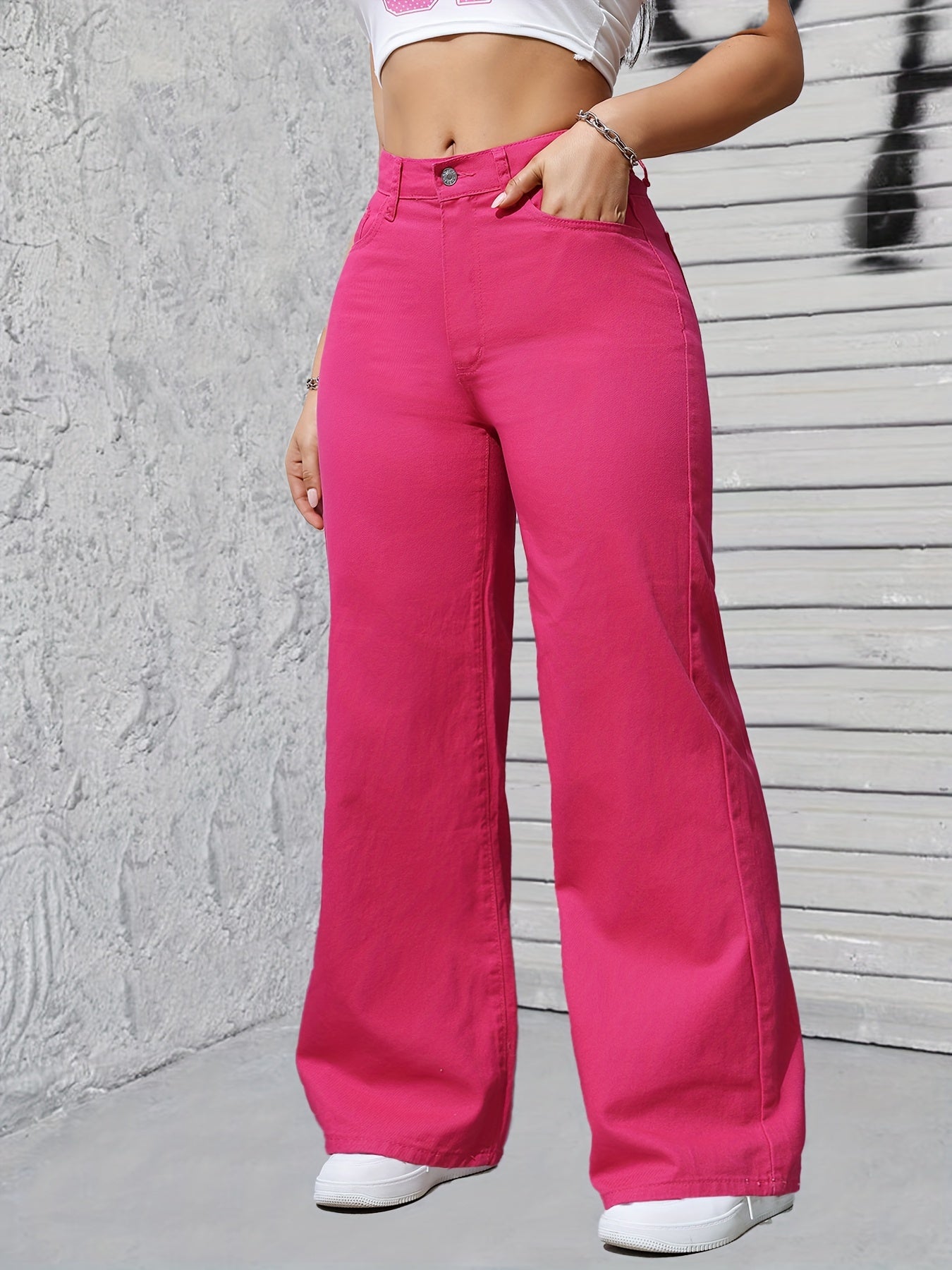 Chic Magenta բարձր գոտկատեղով լայն ոտքերով ջինսեր կանանց համար.