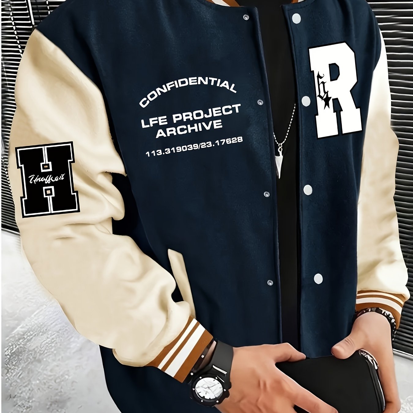 Men's Fashionable R-Letter Patchwork Casual Street Style Baseball Jacket - Polyester, Maroon & Black with White Stripes, Button Closure, with Pockets