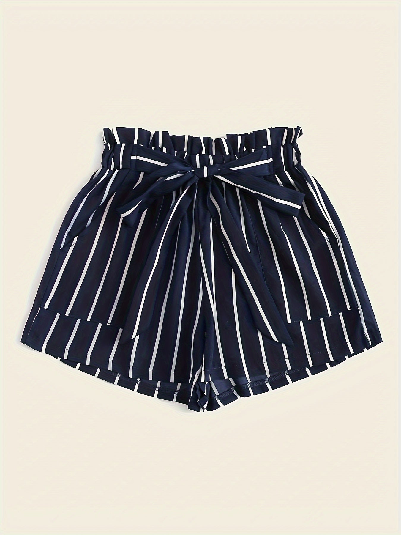 Striped Paperbag Waist Belted Shorts, Vacation Slant Pocket Loose Shorts, Women's Clothing
