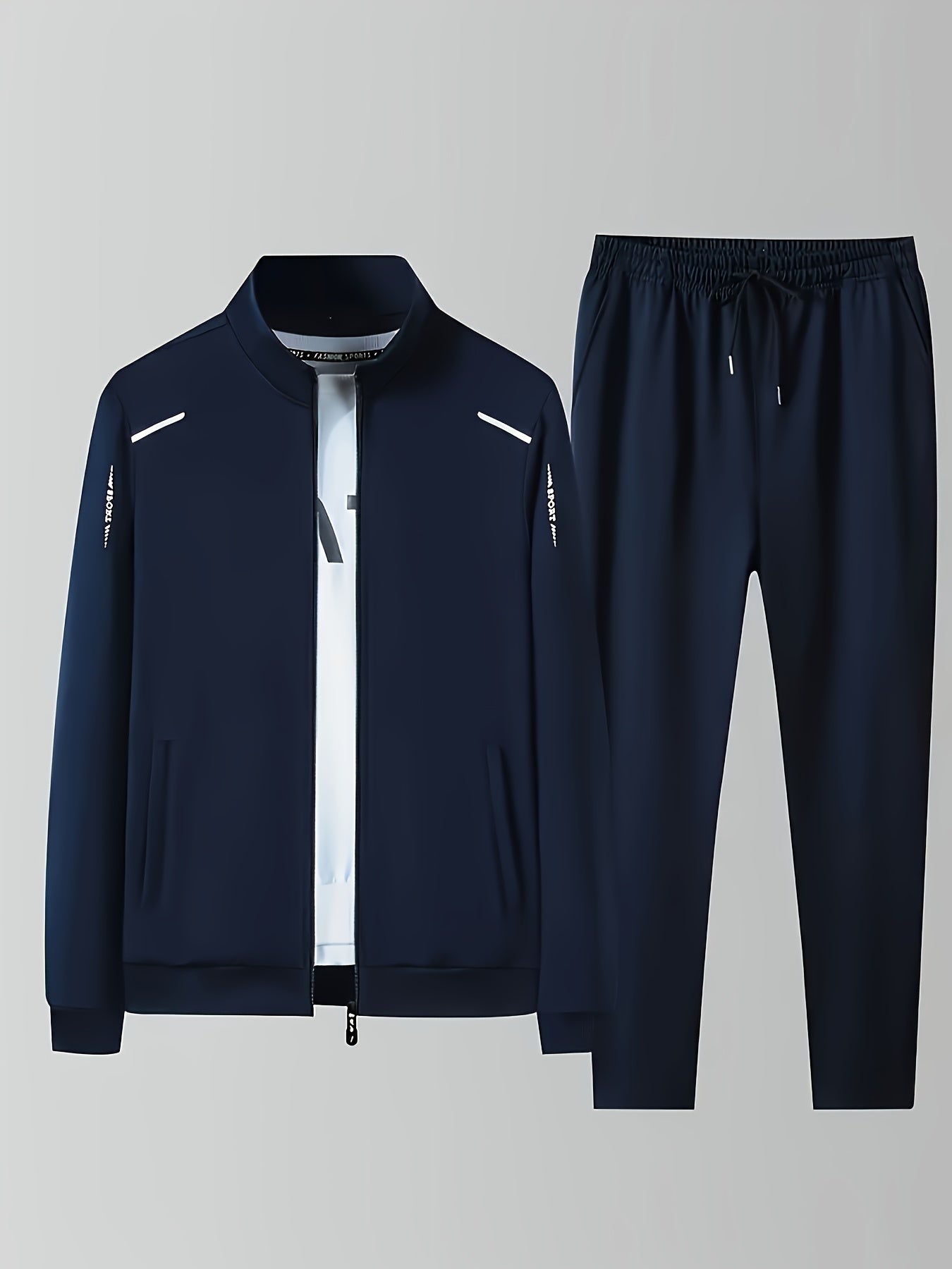 1set Men'S Casual Sports Set, Summer Knit Polyester Athletic Outfit with Solid Color, Crew Neck, Regular Fit, Micro-Elastic Fabric, Lightweight 220g/m², for Jacket and Pants Combo