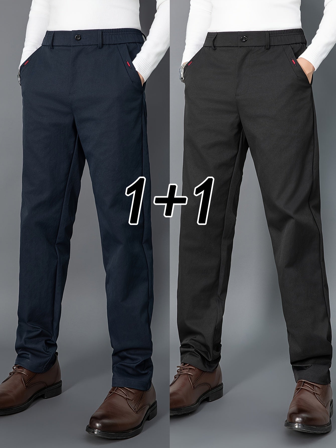 2pcs Men's Light Business Casual Pants - Straight Leg Dress Trousers, Lightweight & Comfortable for Office and Casual Attire, All Seasons, Navy Blue & Black, Polyester Fabric, Machine Washable, Versatile Dress Trousers | Styl