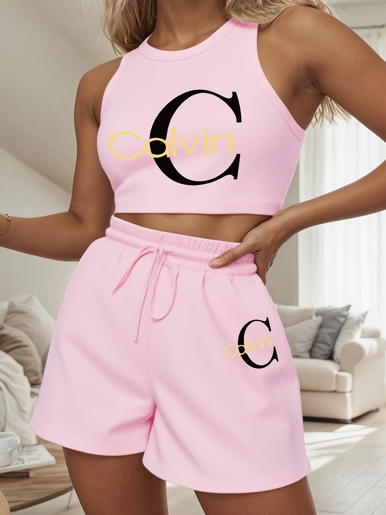 Women's Casual Two-Piece Set with Graphic Print Vest & Shorts