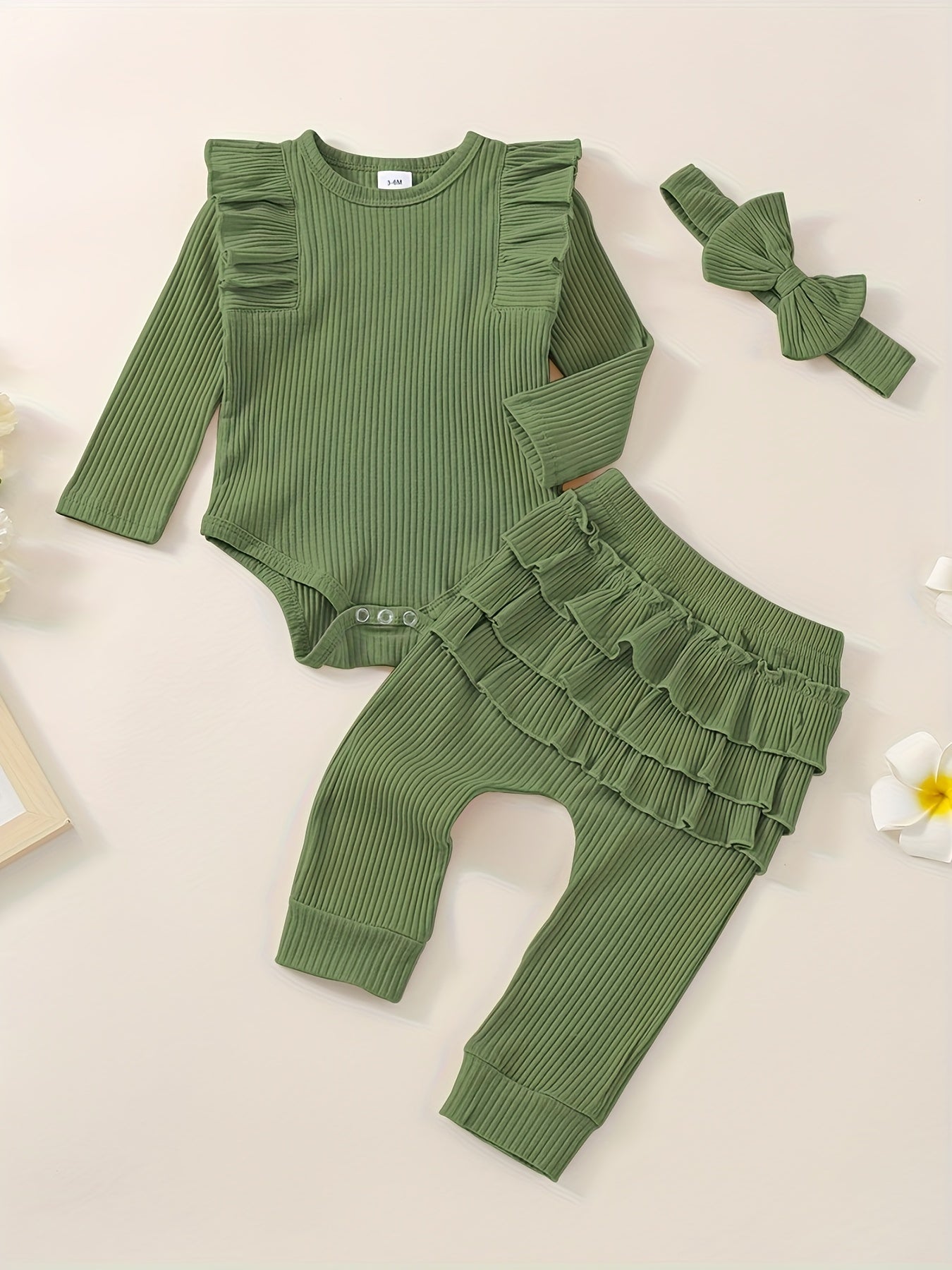 3pcs Baby Girl Outfit Set, Cute Ribbed Ruffle Long Sleeve Romper & Pants, 95% Cotton 5% Spandex, Crew Neck Pullovers, Solid Color, Regular Fit, No Belt, Fall/Winter Knit Fabric, 0-18 Months, for Outdoor