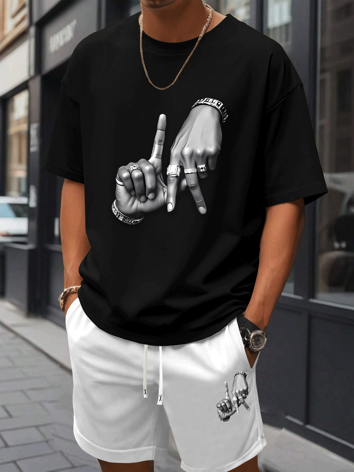 New Summer Men's Printed 2pcs Fashion Casual Suit, Round Neck Short Sleeve T-shirt and Waistband Shorts Set