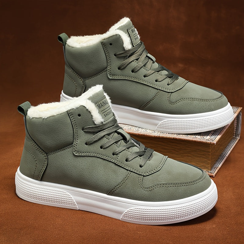 Men's Mid-Top Lace-Up Boots with Warm Plush Lining for Comfortable Winter Outdoor Street Walking and Strolling, Winter Boots