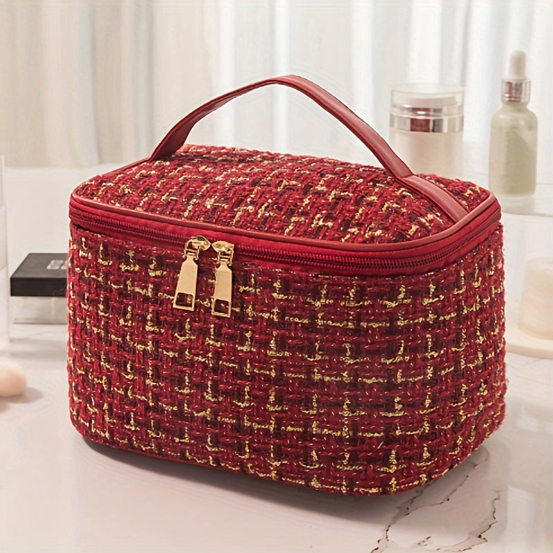Elegant Plaid Cosmetic Bag - Large Capacity Travel Makeup Organizer with Dual Zippered Compartments, Portable Toiletry Storage in Light Blue/White/Pink/Red/Navy/Black, Polyester Material, Hand Wash or Dry Clean, Toiletry Trav