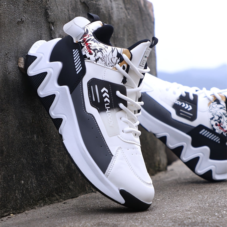 Men's High-Top Basketball Sneakers, Preppy Street Style, Solid Color with Cartoon Stripes, All-Season Lace-Up Sports Shoes, Faux Upper, Fabric Inner, Rubber Sole, for Running, Hiking Casual Wear, Outdoor Activities Shoes