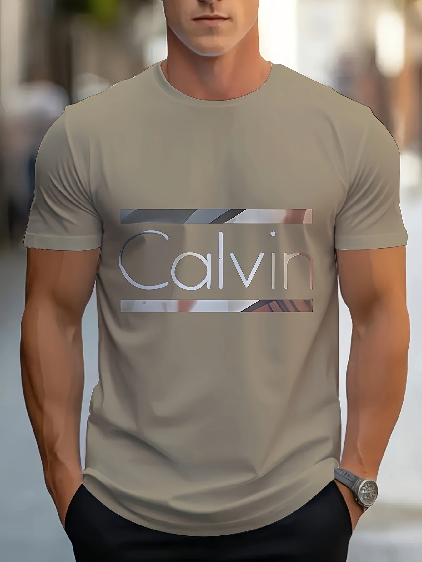 Men'S "Calvin" Graphic T-Shirt - Casual 3D Print Letter Tee with Geometric Design, Short Sleeve, Round Neck, Light Blue, Perfect for Summer, Everyday Sportswear, Casual Wear Tee Modern Casualwear Comfortable Fit