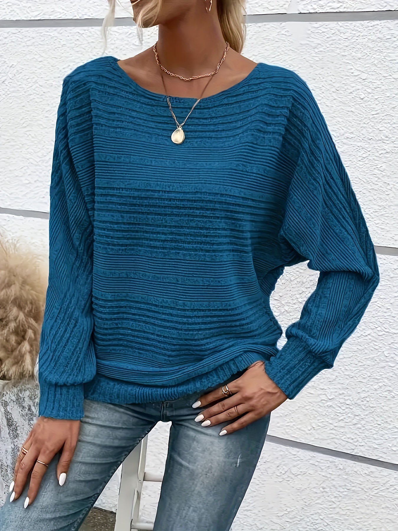 1 հատ Women'S Casual Crew Neck Knit T-shirt - պոլիեսթեր պինդ գույնի երկարաթև վերնաշապիկ գարնան/աշունի համար