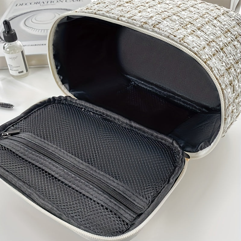 Elegant Plaid Cosmetic Bag - Large Capacity Travel Makeup Organizer with Dual Zippered Compartments, Portable Toiletry Storage in Light Blue/White/Pink/Red/Navy/Black, Polyester Material, Hand Wash or Dry Clean, Toiletry Trav